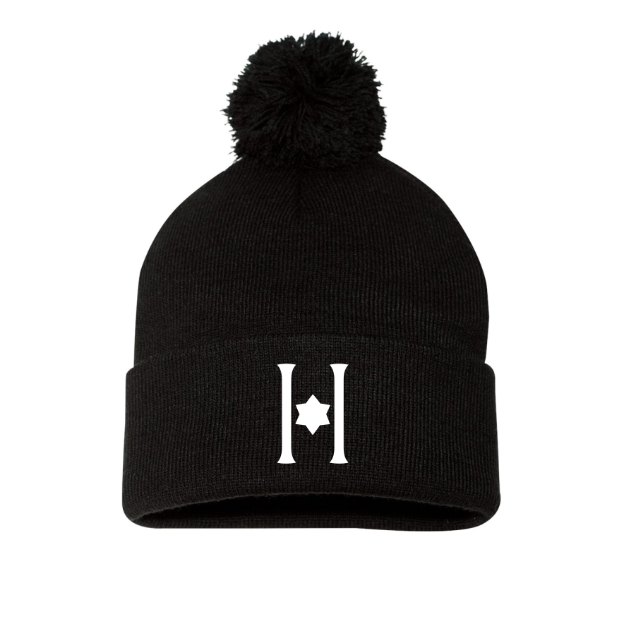 Embroidered Hillel Black Winter Pom Hat