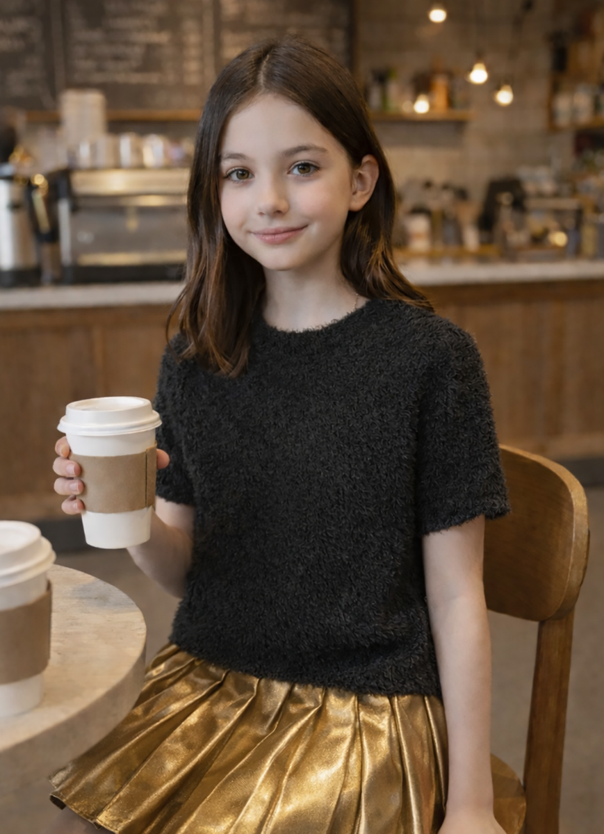 SHORT SLEEVE EYELASH SWEATER-black