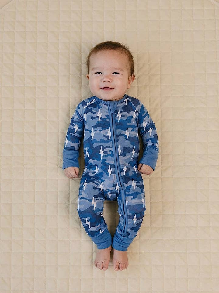 Bamboo Zip Romper | Blue Camo Bolts