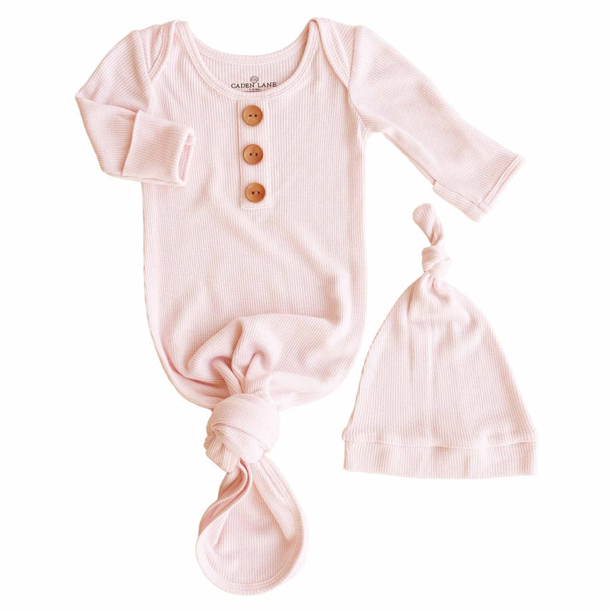 Pearl Pink Bamboo Waffle Newborn Baby Knot Gown & Hat Set