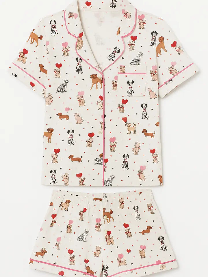2 pc heart puppy print jersey pj set