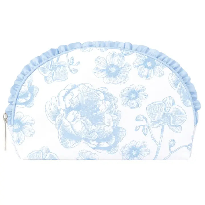 blue toile oval cosmetic bag