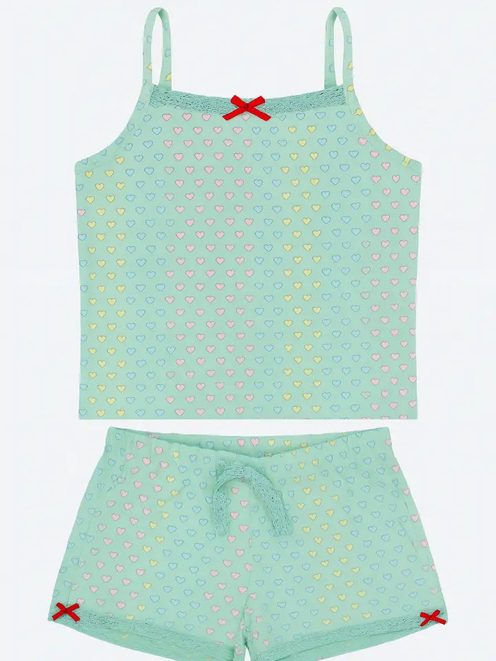 2 pc aqua heart cami print jersey pj set