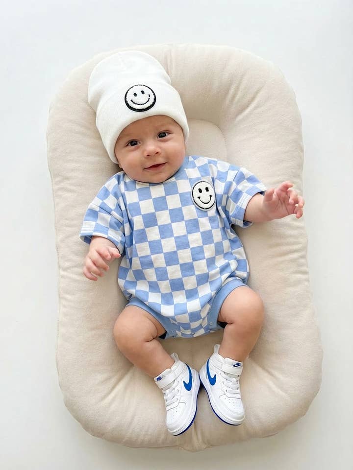Short Sleeve Bubble Romper | Checkered Smiley Blue