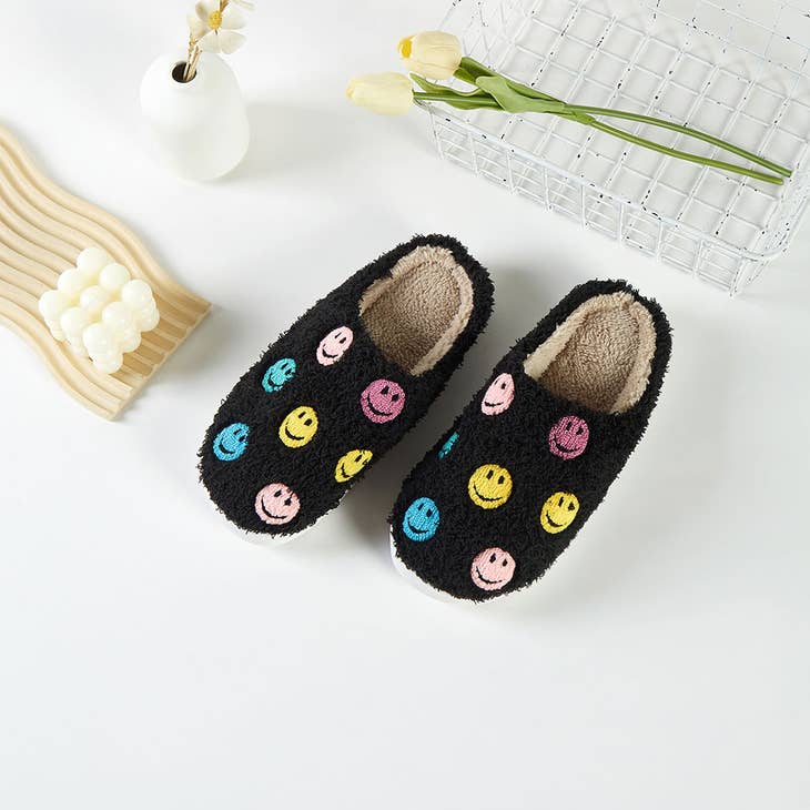 multi color black smiley face slippers