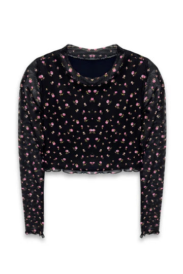 black ditsy floral mesh top