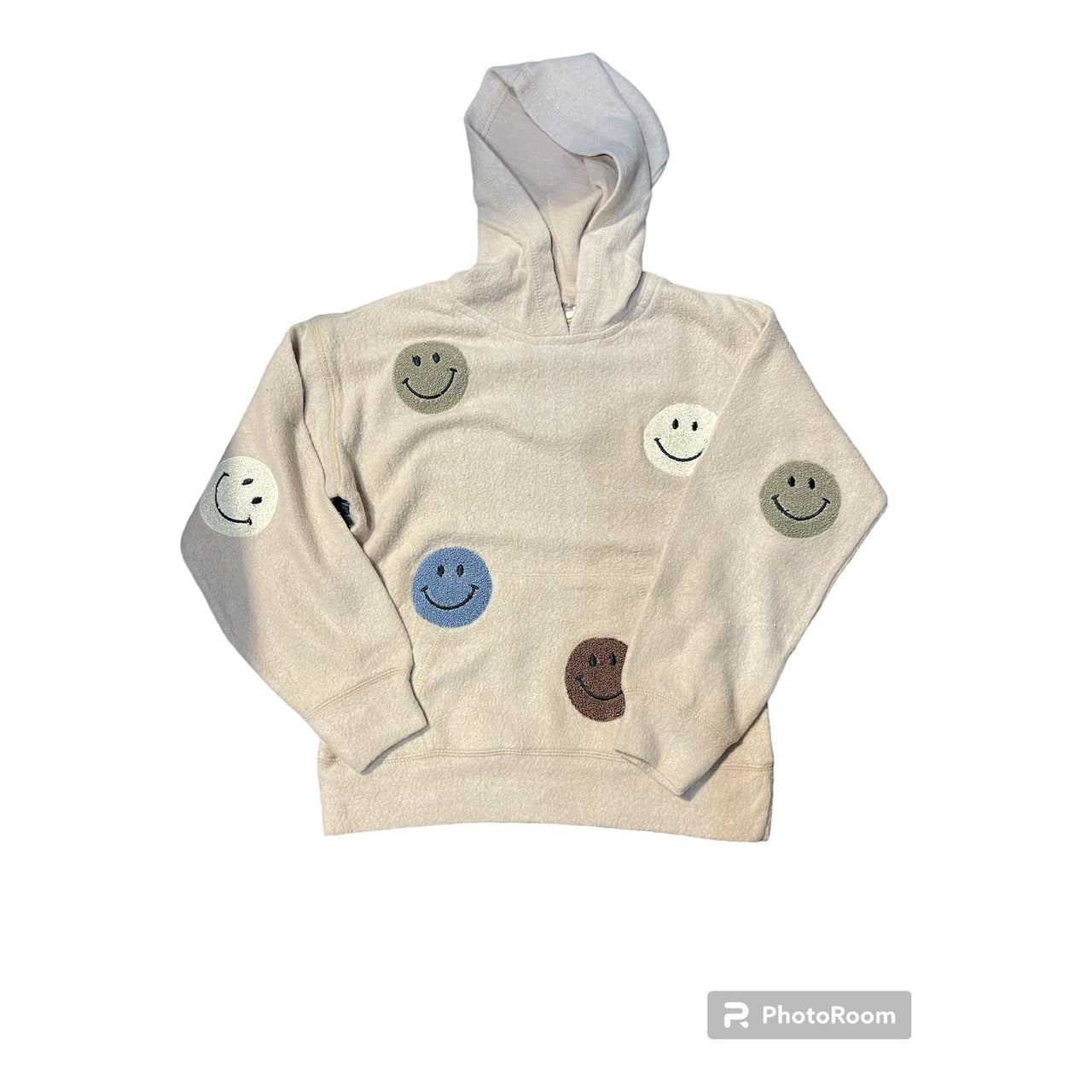 cream reverse fleece hoodie with smiley patches