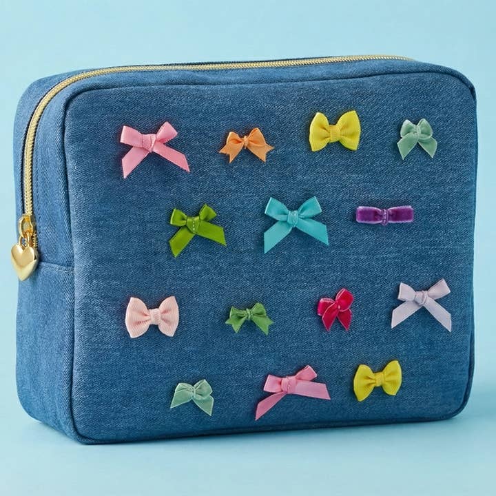 Structured Zipper Pouch - Large - Denim + Bows