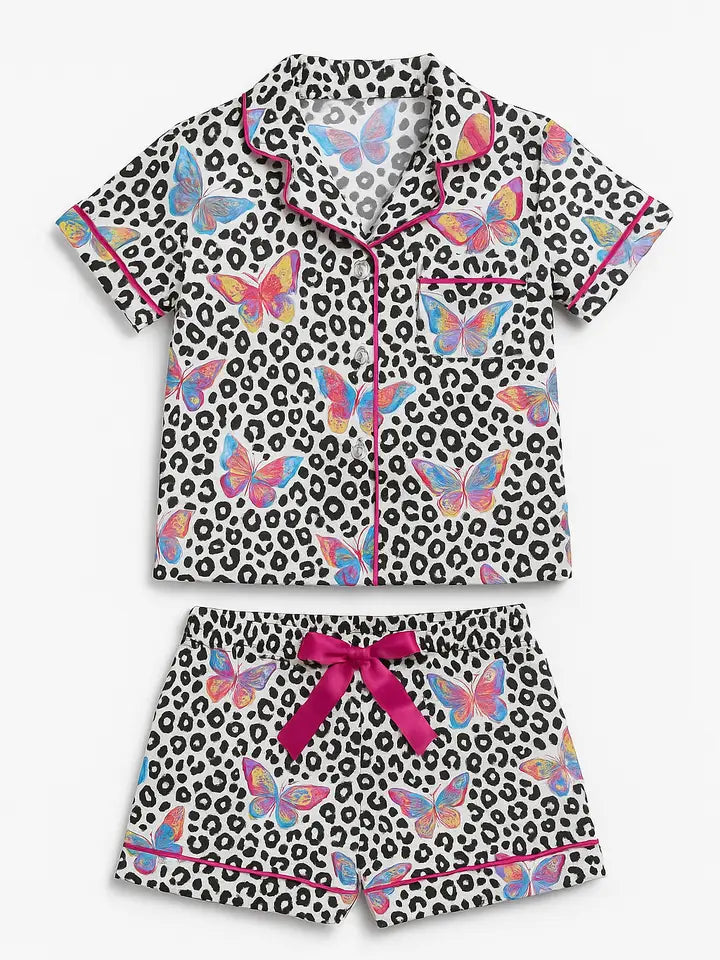 butterfly leopard satin s/s satin pj  set
