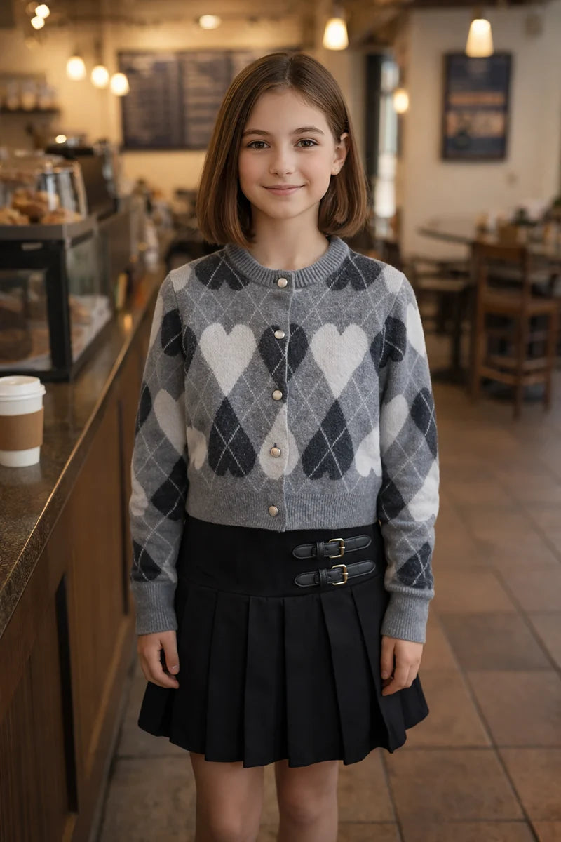 Argyle Hearts Button Front Cardigan Sweater