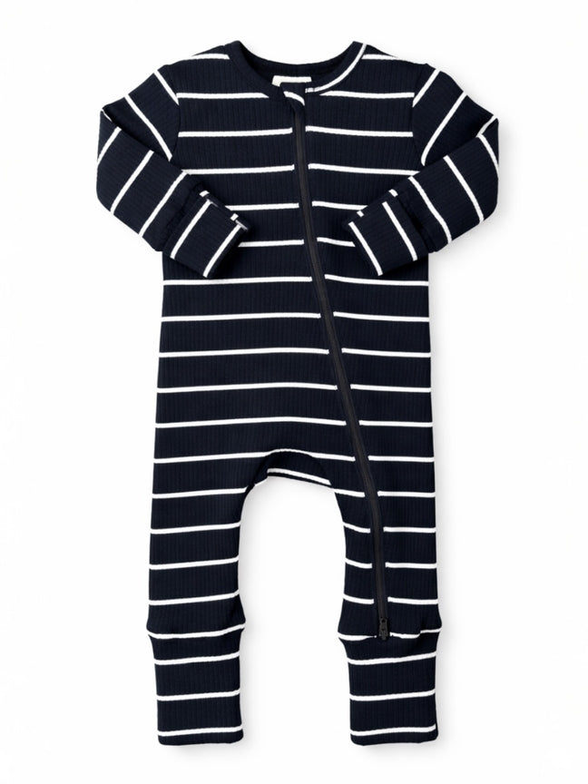 Black/White Stripe / Ribbed 2-Way Zip Romper