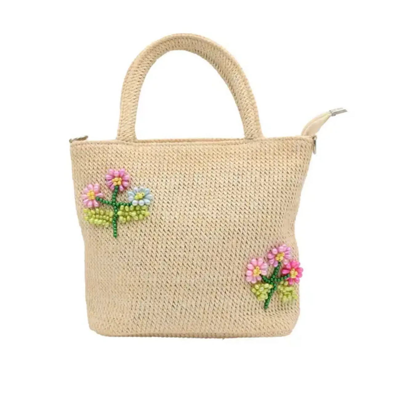 Raffia Beaded Flower Bag With Crossbody Strap
