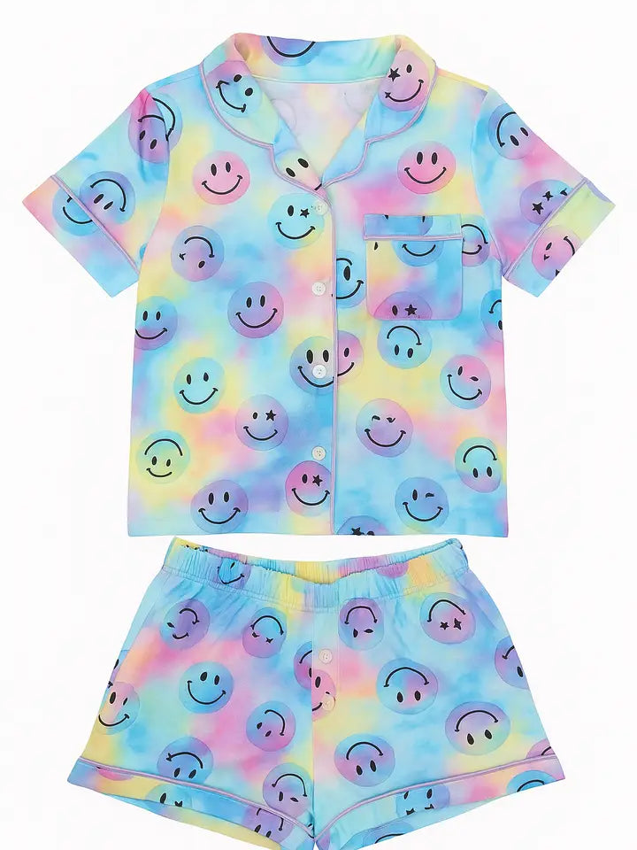 2 pc smiley face short print jersey pj set