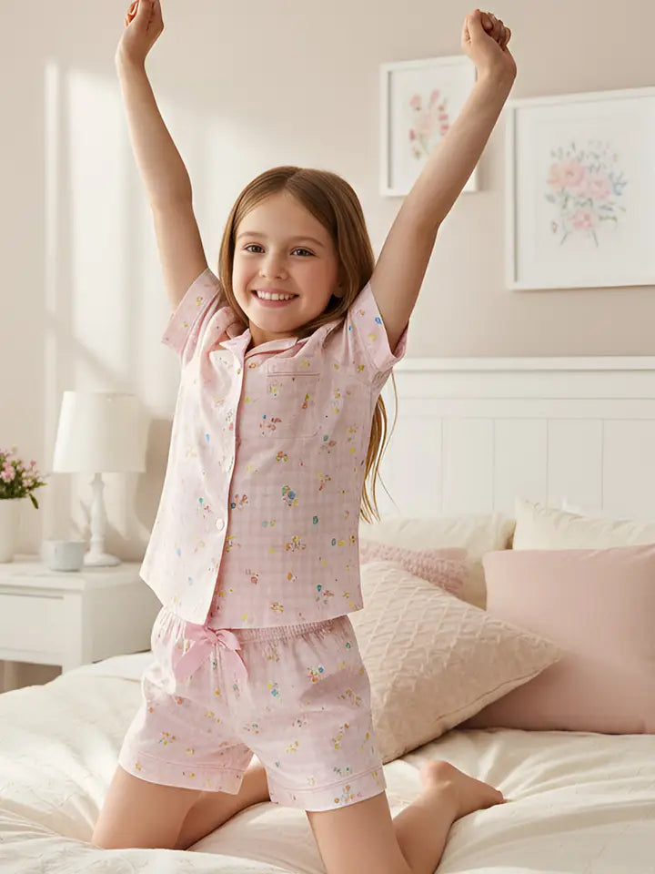 floral gingham short sleeve satin pj