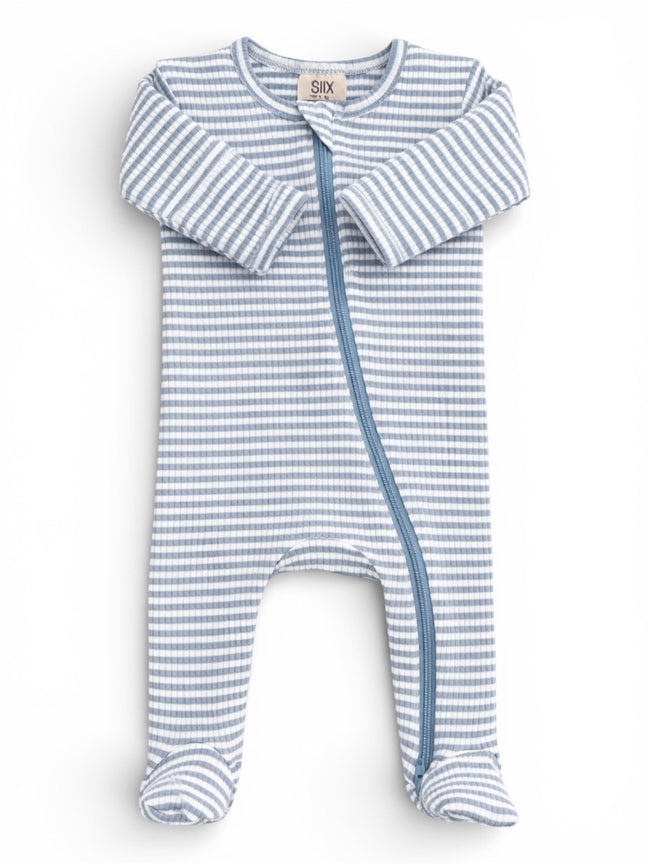 Dusty Blue Stripe / Ribbed 2-Way Zip Footie