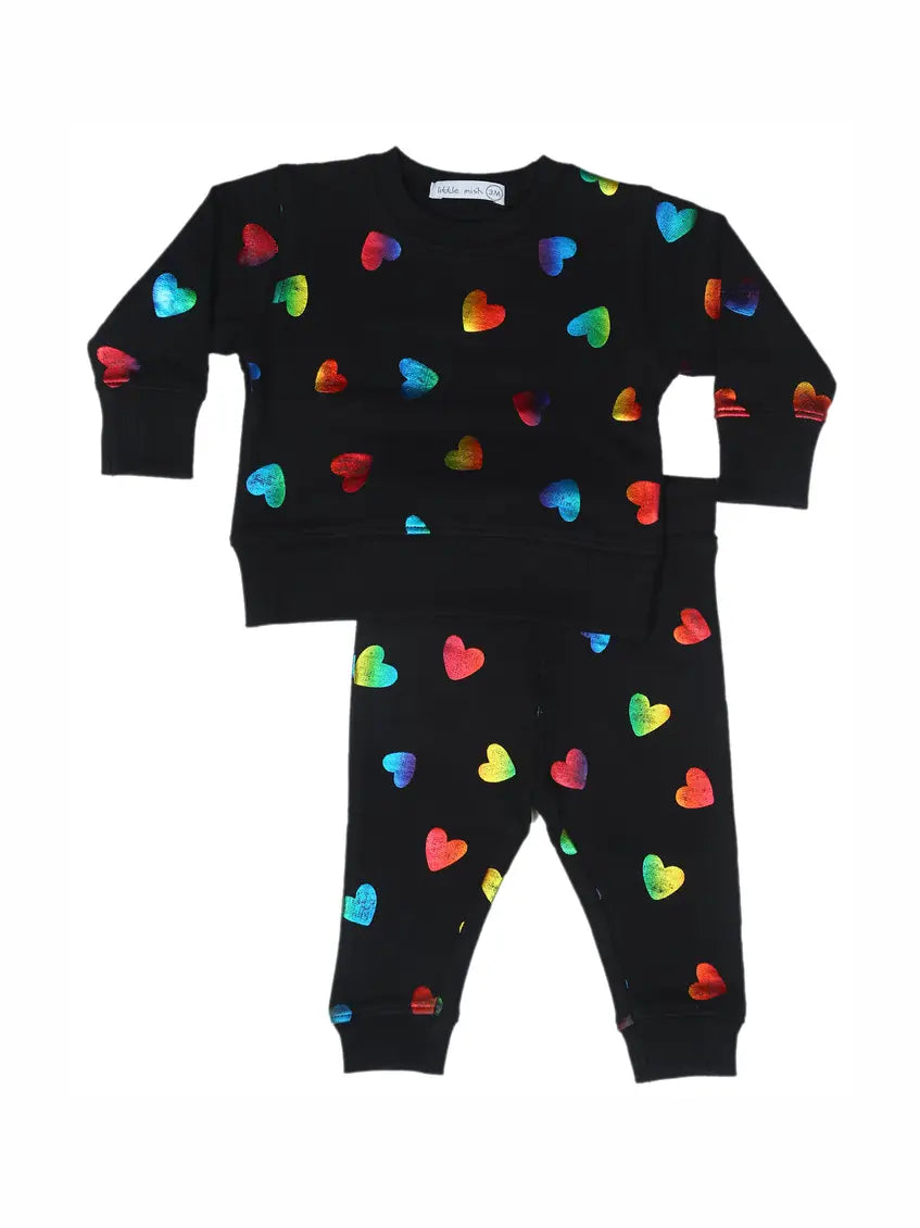 black all over rainbow foil hearts