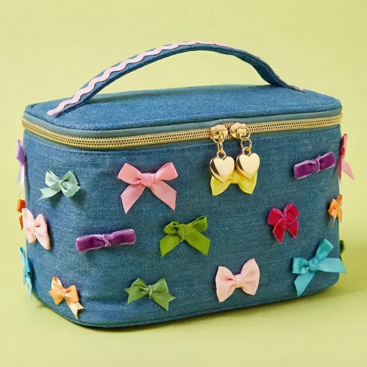 Travel Cosmetic Case / Train Case - Denim + Bows