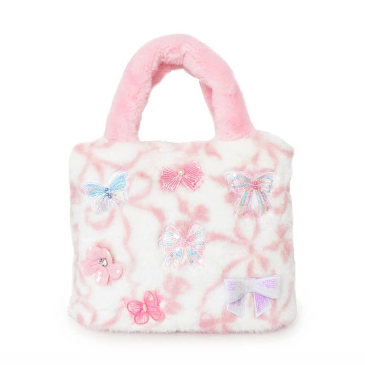 Butterfly Patched Bow Print Plush Mini Tote Bag