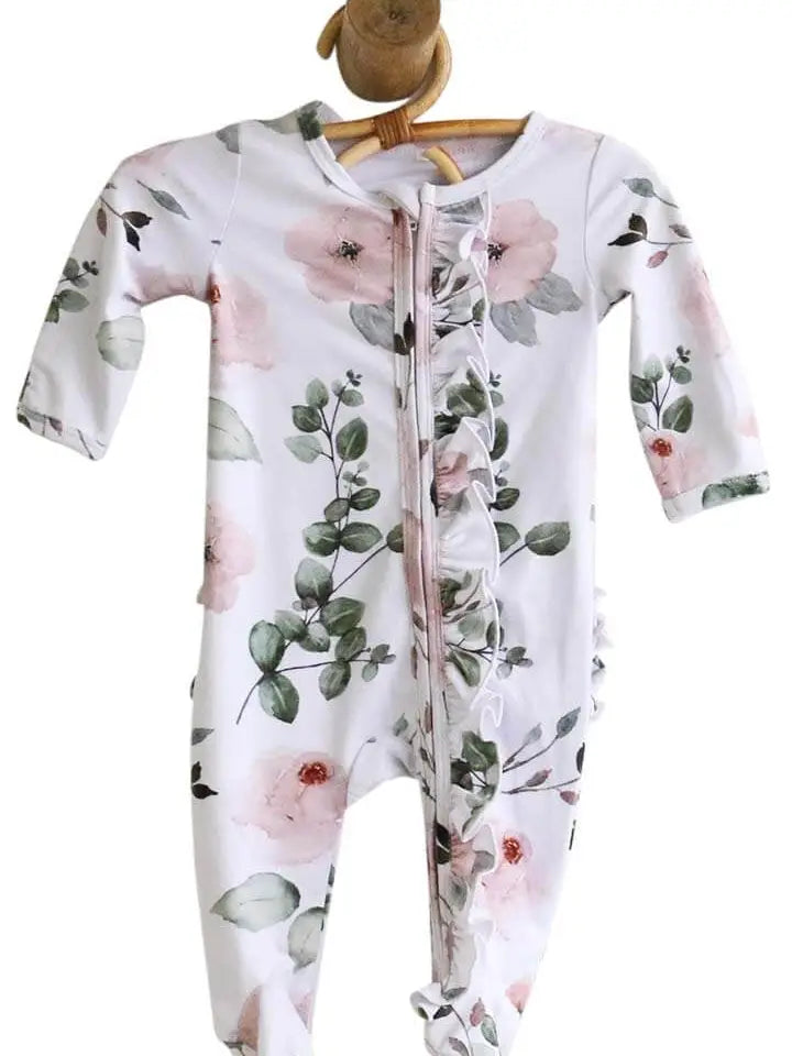 Millie's Dusty Rose Floral Ruffle Zipper Footie