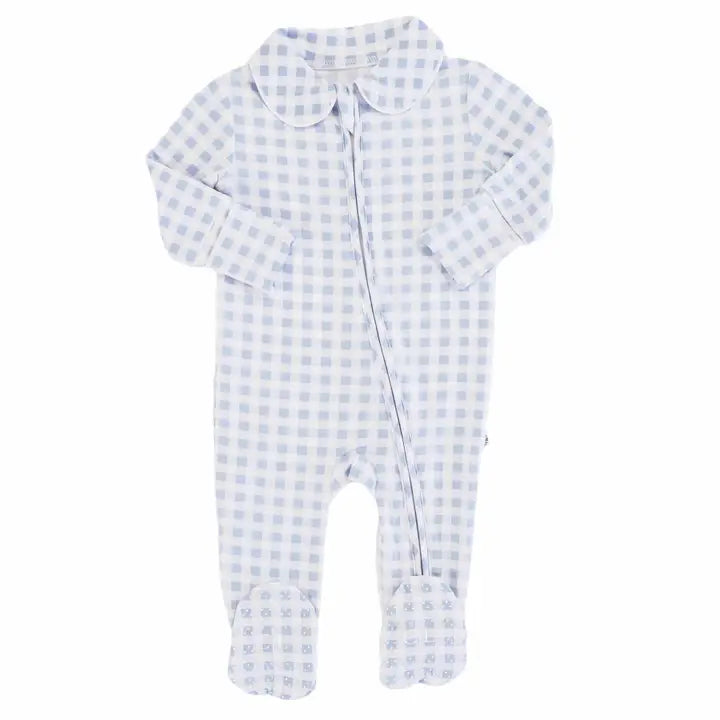 Peter Pan Collar Zipper Footie | Dusty Blue Gingham