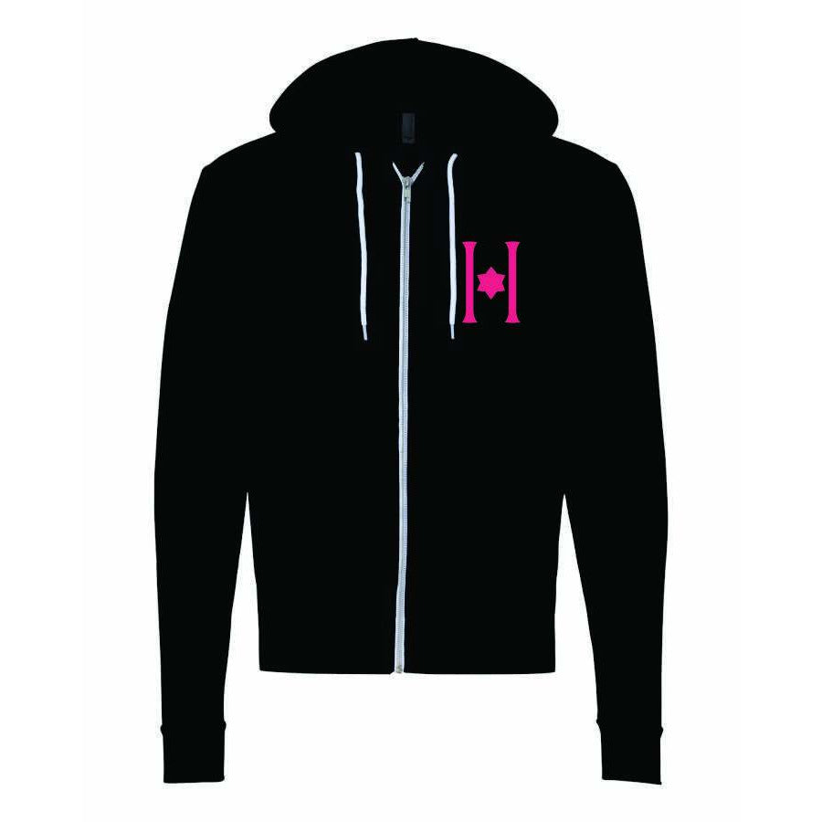 Hillel American Apparel Flex Fleece Youth Hood Zip w/ Contact Blue or Neon Pink Sparkle H Logo... And NEW!! Pink Camo